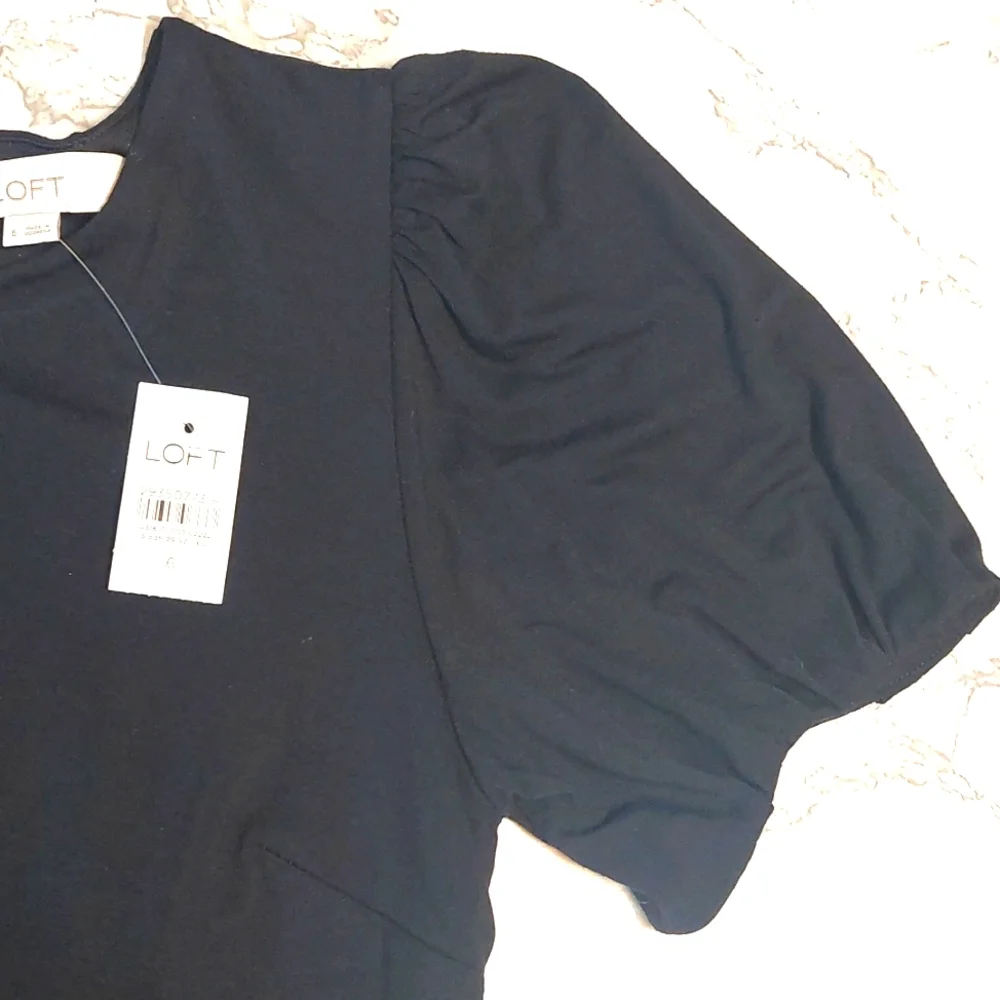 NWT LOFT Black Puff Sleeve Flounce Dress, Size 6 - Picture 7 of 9